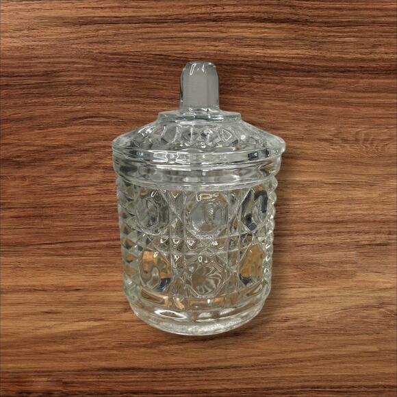 Vintage MCM Pressed Lead Crystal Trinket Candy Jar 4.5” Starburst Pattern - Picture 6 of 9
